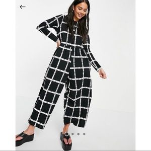 ASOS Design Jersey Smock Jumpsuit in Mono Grid Print Size 4